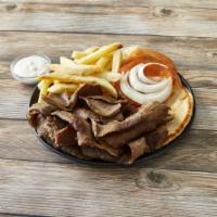 Gyros Plate Special · Served with french fries, onion, tomato and gyros sauce.