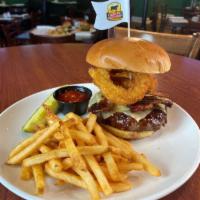 Jack's Blazin BBQ Cheeseburger · 1/2 lb. beef patty, thick cut onion rings, applewood smoked bacon, hot bacon jam, pepper Jac...