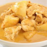45. Gange Ga-Ree Yellow Curry · Served with potatoes, carrots, onions and coconut milk mixed with yellow curry. Spicy.