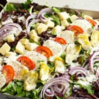 Boxed Salad · Spinach, artichoke hearts, red onions, olives, tomatoes, mozzarella and house dressing.