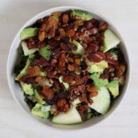 Pear & Bacon Bowl · marinated kale, apple, avocado, bacon, quinoa, dried cranberries, pecans, red wine vinaigret...