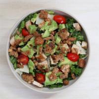 Kale Chicken Caesar Salad · marinated kale & romaine blend, chicken, avocado, grape tomatoes, parmesan, crumbled crouton...