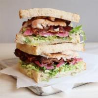 Trout BLT · smoked trout, bacon, frisee, tomato, pickled onions, dill yogurt dressing, on toasted countr...