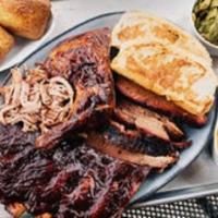 Judge's Sampler with 2 Individual Sides · Brisket, pulled pork, 1/4 chicken, half slab of ribs, two pint sides, two cornbreads, Texas ...