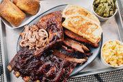 Judge's Sampler with 2 Pint Sides · Brisket, pulled pork, 1/4 chicken, half slab of ribs, two pint sides, two cornbreads, Texas ...