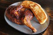Half Chicken with Two Sides · Hickory-smoked, all-natural, free-roaming, locally raised smoked chicken, served with Texas ...