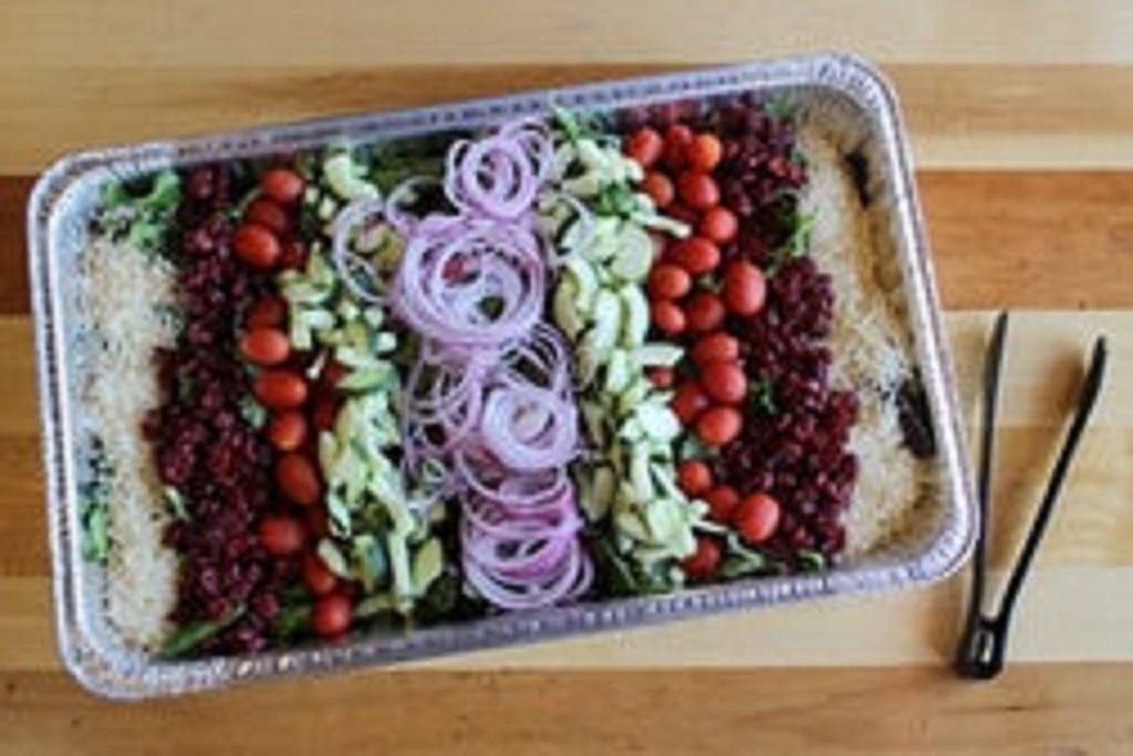 Jumbo Party Salad · Feeds 20–24 folks: spring mix, cucumbers, tomatoes, cheese, and onions