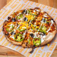 Tandoori Chicken Naan Pizza · Fresh naan base, tandoori chicken, flavored with a curry of your choice and topped with your...