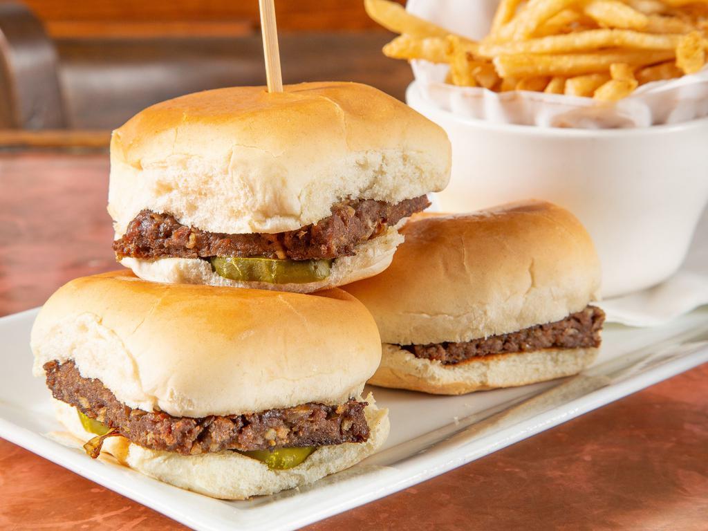 Firkin Castle Sliders · Our firkin taste on the midwestern classic, 3 steamed angus beef and grilled onion patties, topped with pickle chips. Ask for ketchup or house sauce.