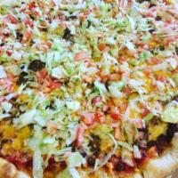 Taco Pizza · Ground beef, taco seasoning, cheddar and mozzarella cheese, lettuce and tomatoes.