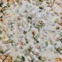 Chicken Alfredo Pizza · Grilled chicken and broccoli with an Alfredo Parmigiana sauce.