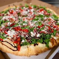 Napa Pizza · Roasted red peppers, prosciutto, arugula, mozzarella, and goat cheese drizzled with a balsam...