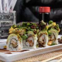Led Zeppelin Roll · Fried soft shell crab and crab meat. Topped with avocado, fresh mango salad (Spring mix, dic...