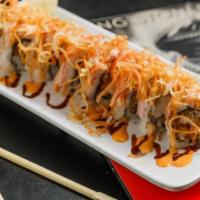 Sharp Dressed Roll · Tempura lobster tail topped with crabmeat, crunchy crab, spicy mayo, eel sauce and crunchy f...