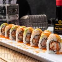 Reggae Roll · Seasoned crawfish and crabmeat. Topped with boiled shrimp, avocado, sweet chili sauce and sp...