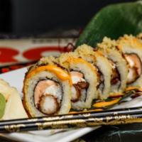Axl Roll · Shrimp tempura, fresh salmon and cream cheese. Whole roll is fried and topped with eel sauce...