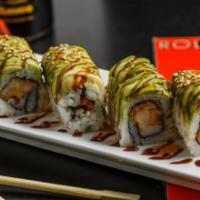 Good Times Roll · Shrimp tempura, crabmeat and spicy mayo. Topped with avocado, sweet chili sauce, eel sauce a...
