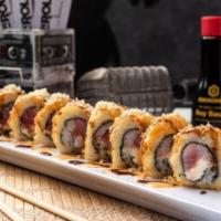 Velcro Pygmies Roll · Red tuna, crabmeat and cream cheese, whole roll is fried and topped with spicy mayo, eel sau...