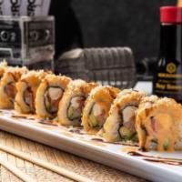 Sweet Home Alabama Roll · Smoked salmon, crabmeat, avocado and cream cheese. Topped with spicy mayo, eel sauce and cru...