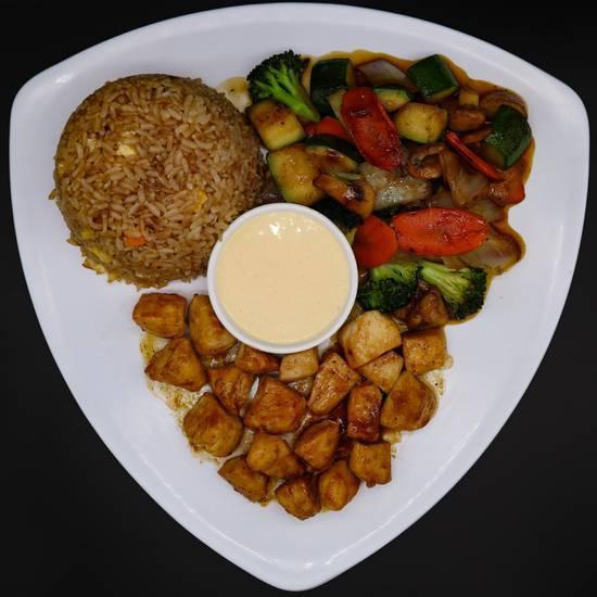 Chicken Hibachi · Grilled chicken served with fried rice and vegetables and choice of miso soup or ginger salad.