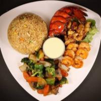 Shrimp and Lobster Combination · Grilled shrimp and lobster served with fried rice, vegetables, miso soup or ginger salad.