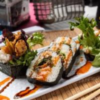 Spider Roll · Tempura soft-shell crab, cucumber, avocado and spring mix. Topped with eel sauce and sweet c...