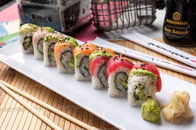 Rainbow Roll · California roll (crabmeat, avocado and cucumbers) topped with red tuna, fresh salmon, yellowtail, avocado and sprinkled with sesame seeds.