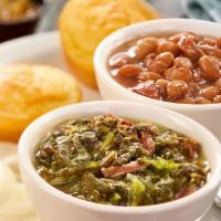 Beans n' Greens · A cup of our Pinto Beans and Turnip Greens cooked with Country Ham. Served with an onion sli...