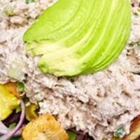 House with Tuna Salad · Mixed greens topped with tomatos, cucumber, pepperoncini, avocado, onions, croutons and home...
