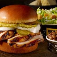 Chicken Breast Classic Sandwich Plate. · Marinated smoked chicken on a toasted brioche bun, served with two sides.