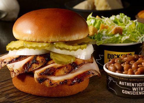 Chicken Breast Classic Sandwich Plate. · Marinated smoked chicken on a toasted brioche bun, served with two sides.