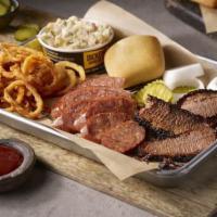Old School Plate · Brisket and Kielbasa Sausage, 2 sides and a roll
