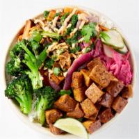 Super Grain Tofu Rice Bowl · Charred Broccoli, Sautéed Diced Marinated Tofu, Roasted Vegetables, Chili yogurt, Chive Lime...