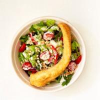 Crispy Lemongrass Catfish Salad · Mix of romaine, cabbage trio, bell peppers, herbs, shredded carrots, diced cucumbers, cherry...