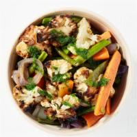 Grilled Seasonal Vegetables · Seasonal roasted vegetables, carrots, cauliflower, broccoli and red onions in chive lime vin...
