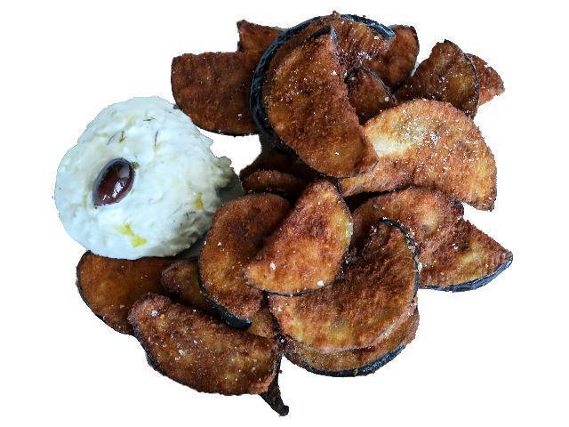 Flash-Fried Eggplant · Hot, fresh-cut eggplant — lightly dusted in flour and coated in seasoned breadcrumbs. Served with a side of Tzatziki.