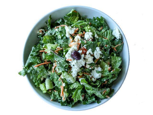 Kale Salad · Chopped kale and romaine salad with scallions, tomatoes, carrots, Greek Feta and red wine vinaigrette dressing