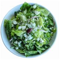 Pure Goodness Salad · Fresh cut romaine, spinach, onions, scallions, Greek Feta, green peppers and lemon vinaigrette