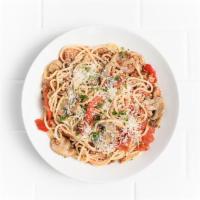 Spaghetti with Spicy Sausage · Crumbled Italian sausage, roasted red peppers, mushrooms, tomatoes, fresh oregano, chili fla...