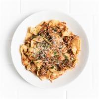 Pappardelle with Meat Sauce Bolognese · Rich beef and pork ragu, red wine, fresh pappardelle pasta, Parmesan.