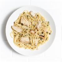Linguini Piccata · Roasted chicken sauteed with butter, garlic, lemon, white wine, capers, Parmesan.