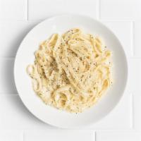 Fettuccini Alfredo · Cream, Parmesan, garlic, butter, cracked black pepper and grated Parmesan.