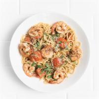 Spaghetti con Gamberetti · Spicy shrimp tossed with grilled tomatoes, fresh mozzarella, garlic, basil, oregano, chili f...