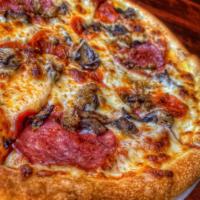 New York Style Pizza · Mushrooms, all-natural pepperoni, salami, Italian sausage, house-made tomato sauce.