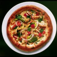 Thai Chicken Pizza · Julienned vegetables, cilantro, scallions, peanuts, lime juice, fresh mint and spicy Thai pe...