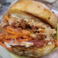 Hunny Beez Sandwich · Your choice of a 1/3 pound burger patty, Smoked Pulled Pork, Smoked Chicken or Smoked Briske...