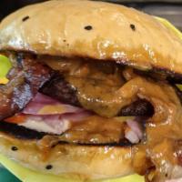 Kari Kari Bacon · Your choice of a 1/3 pound burger pattie, Smoked Pulled Pork, Smoked Chicken or Smoked Brisk...