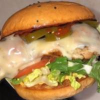Stinger · A 1/3 pound burger patty,  served on a black sesame seed bun with Sriracha aioli, lettuce, t...