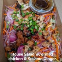 Hunny Beez Salad · A bed of romaine lettuce, mango slaw, green onions, your choice of meat and salad dressing.