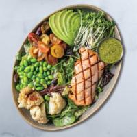 Asian Chimichurri Salad  Sea Bass · roasted cauliflower, avocado, cucumber, tomato, edamame, daikon sprouts, Asian herb chimichu...